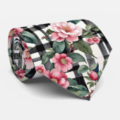 Black and White Plaid With Leafy Pink Camellias ネクタイ (ロール)