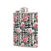 Black and White Plaid With Leafy Pink Camellias フラスク (左)