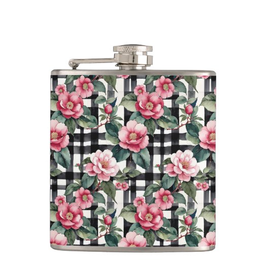 Black and White Plaid With Leafy Pink Camellias フラスク (正面)