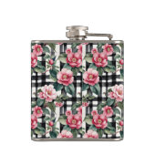 Black and White Plaid With Leafy Pink Camellias フラスク (裏面)
