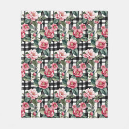 Black and White Plaid With Leafy Pink Camellias フリースブランケット