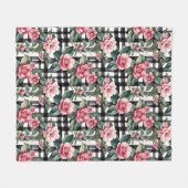Black and White Plaid With Leafy Pink Camellias フリースブランケット (正面(横))