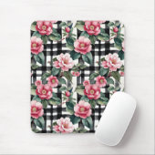 Black and White Plaid With Leafy Pink Camellias マウスパッド (マウス)