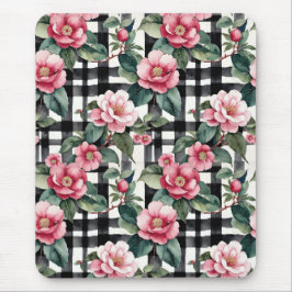 Black and White Plaid With Leafy Pink Camellias マウスパッド