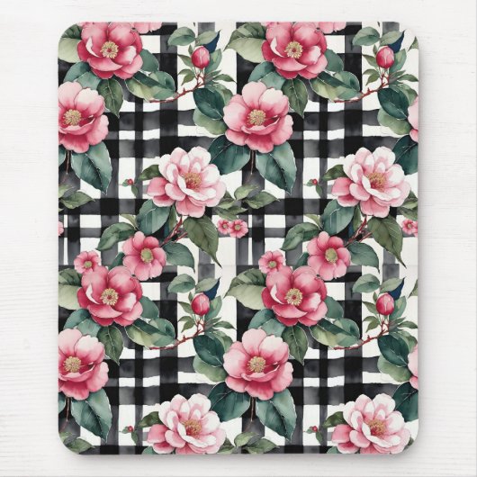 Black and White Plaid With Leafy Pink Camellias マウスパッド (正面)