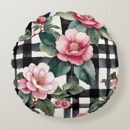 Black and White Plaid With Leafy Pink Camellias ラウンドクッション