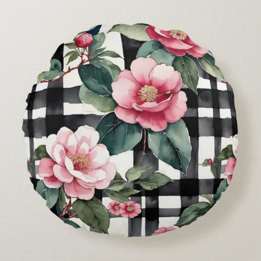Black and White Plaid With Leafy Pink Camellias ラウンドクッション (正面)