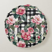 Black and White Plaid With Leafy Pink Camellias ラウンドクッション (裏面)