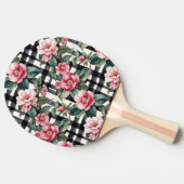 Black and White Plaid With Leafy Pink Camellias 卓球ラケット (横)