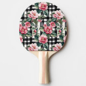 Black and White Plaid With Leafy Pink Camellias 卓球ラケット (正面)