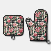 Black and White Plaid With Leafy Pink Camellias 鍋つかみ&鍋敷きセット (正面)
