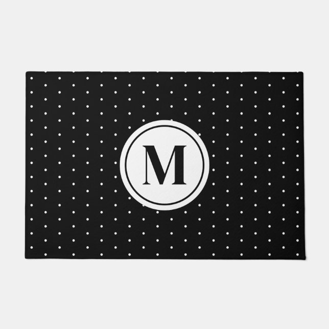 Black and White Polka Dot Pattern Monogram ドアマット (正面)