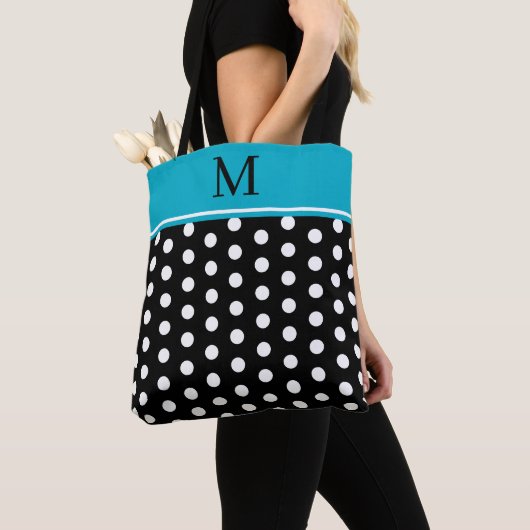 Black and White Polka Dot With Azure Blue Monogram トートバッグ (クローズアップ)