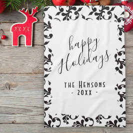 Black and White Rococo Happy Holidays Script キッチンタオル