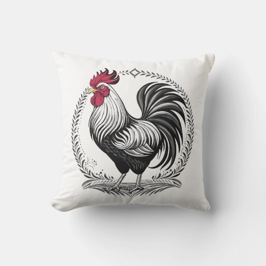 Black and white rooster クッション (正面)