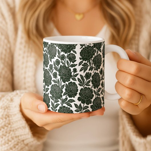 Black and White Rose Mug Linocut Floral Pattern Bo コーヒーマグカップ