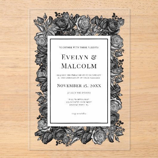 Black and White Roses Gothic Wedding アクリル招待状 (正面)