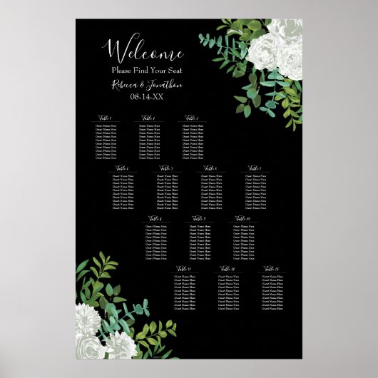 Black and White Roses Gothic Wedding Seating Chart ポスター (正面)