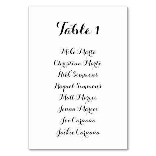 Black and White Script Table Seating Chart Card テーブルナンバー (正面)