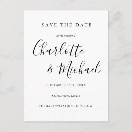 Black And White Script Wedding Save the Date Card ポストカード (正面)