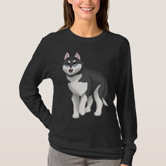 Black and White Siberian Husky Dog with Blue Eyes Tシャツ (正面)