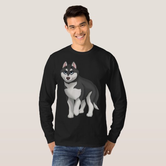 Black and White Siberian Husky Dog with Blue Eyes Tシャツ (正面フル)