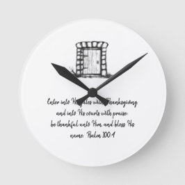 Black and White Sketched Garden Door with verse ラウンド壁時計