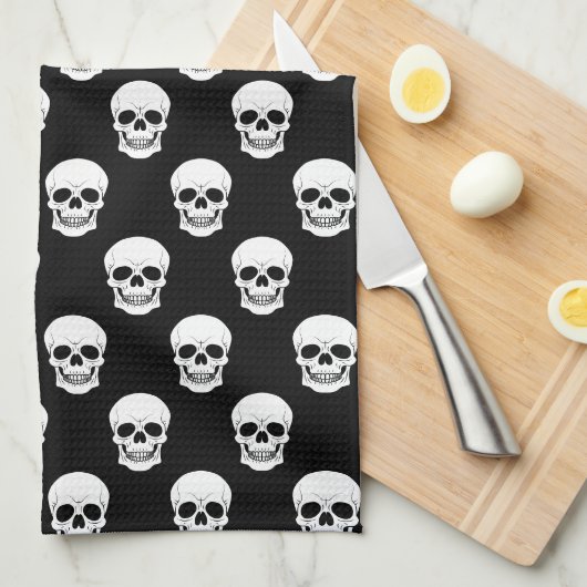 Black And White Skull Pattern Minimal Halloween キッチンタオル (四つ折り)