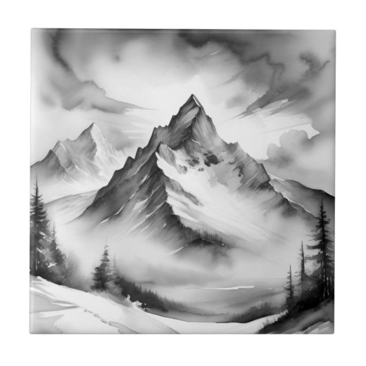 Black and white Snow covered mountains watercolor タイル (正面)