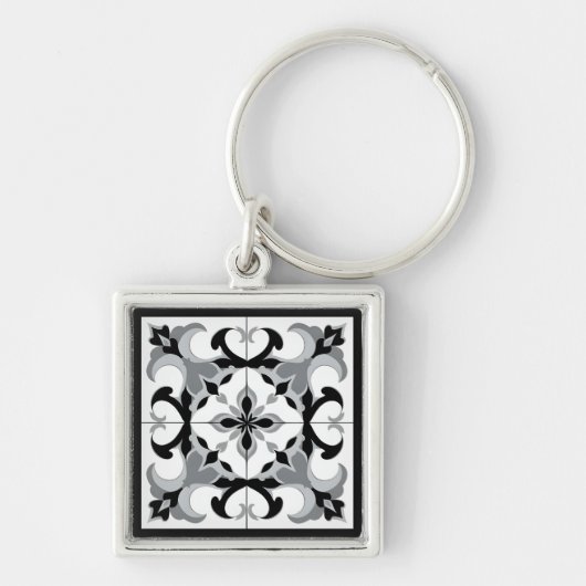 Black and White Spanish Style Tile キーホルダー (正面)