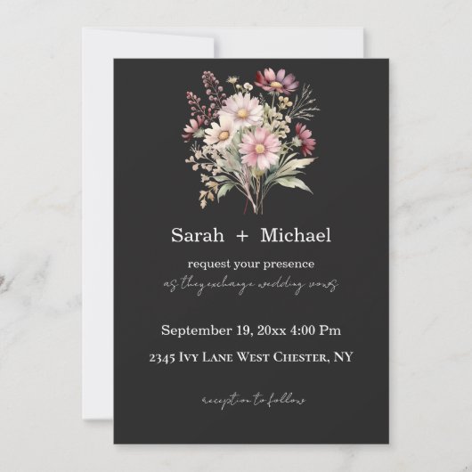 Black and White Spring Floral Wedding Invitation 招待状 (正面)