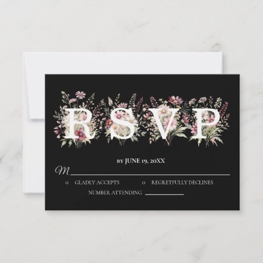 Black and White Spring Floral Wedding RSVP card (正面)