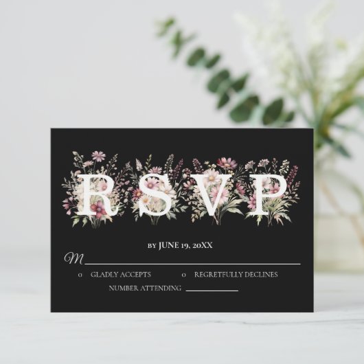 Black and White Spring Floral Wedding RSVP card (スタンド正面)