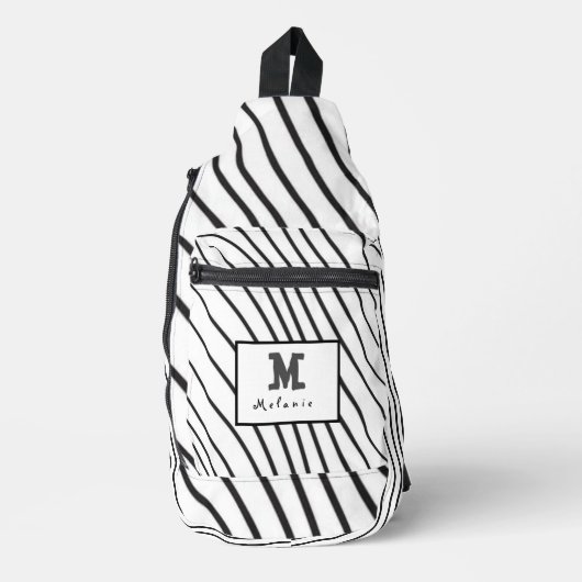 Black and white striped Abstract minimal Monogram  スリングバッグ (正面)