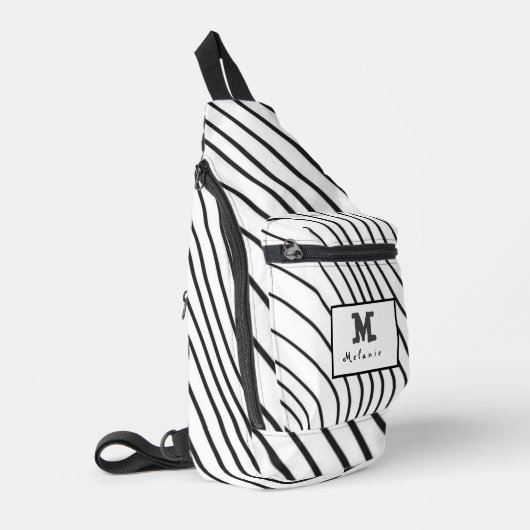 Black and white striped Abstract minimal Monogram  スリングバッグ (左コーナー)