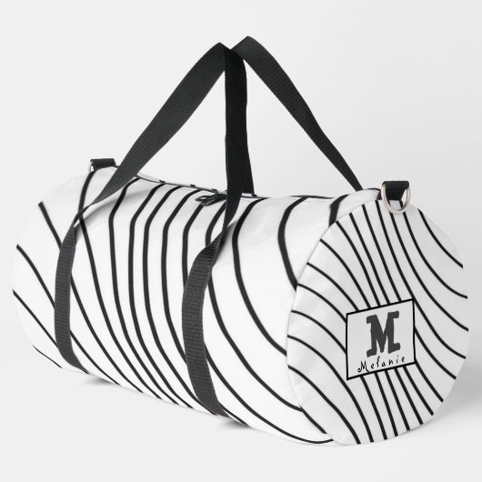 Black and white striped Abstract minimal Monogram  ダッフルバッグ (左コーナー)