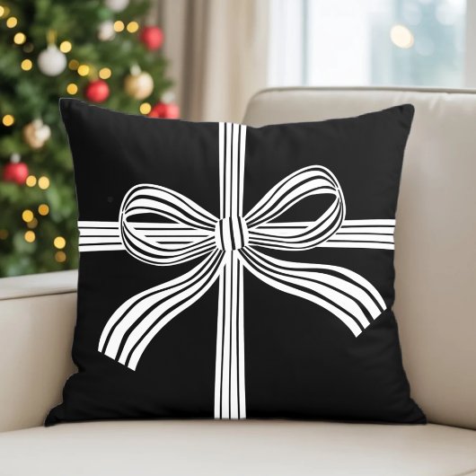 Black and White Striped Bow Throw Pillow クッション