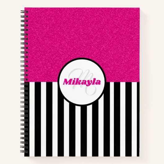 Black and White Stripes with Pink Glitter ノートブック (正面)