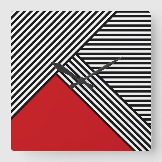 Black and white stripes with red triangle スクエア壁時計 (正面)