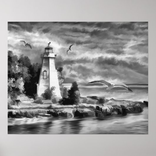Black and White Sunset Ocean Lighthouse ポスター (正面)