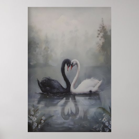 Black and White Swans in Misty Lake Dark ポスター (正面)
