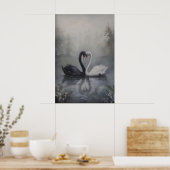 Black and White Swans in Misty Lake Dark ポスター (キッチン)