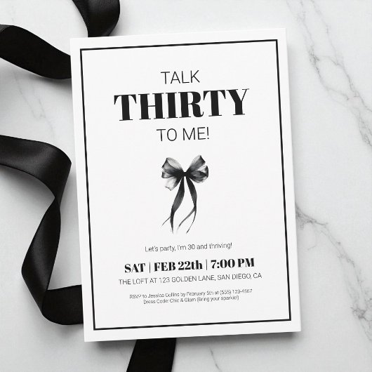Black and White Talk 30 to Me Thirty Bow バースデー 招待状
