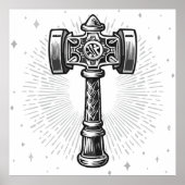 Black and white Thor's Hammer Mjolnir ポスター (正面)