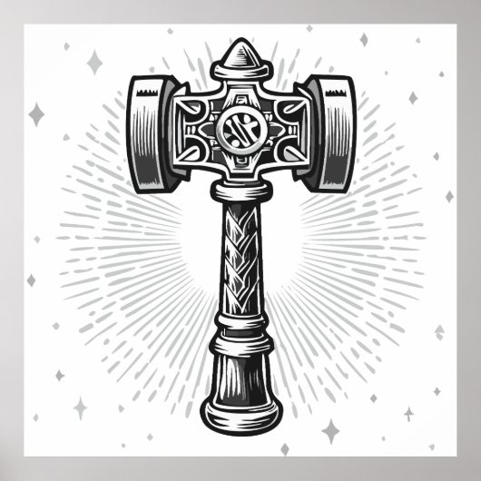 Black and white Thor's Hammer Mjolnir ポスター (正面)