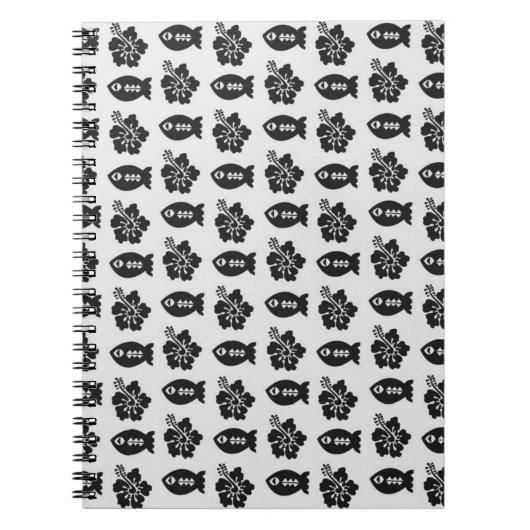 Black and White Tiki Fish and Flower Pattern ノートブック (正面)