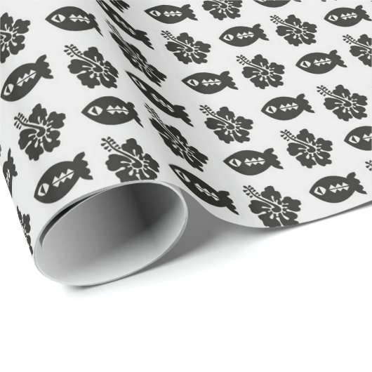 Black and White Tiki Fish and Flower Pattern ラッピングペーパー (ロールコーナー)