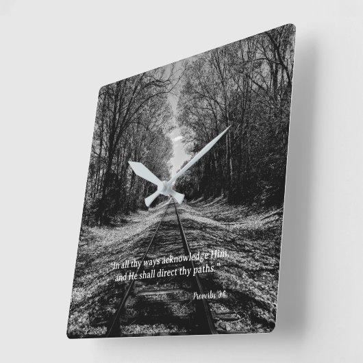 Black and White Train Track Proverbs Scripture スクエア壁時計 (傾斜)