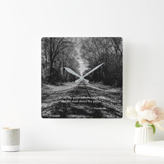 Black and White Train Track Proverbs Scripture スクエア壁時計 (ホーム)