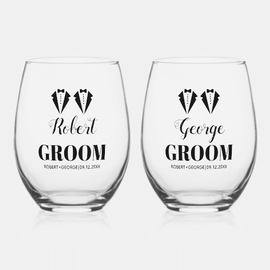 Black and white tuxedo two grooms gay wedding ステムなしワイングラス (正面)